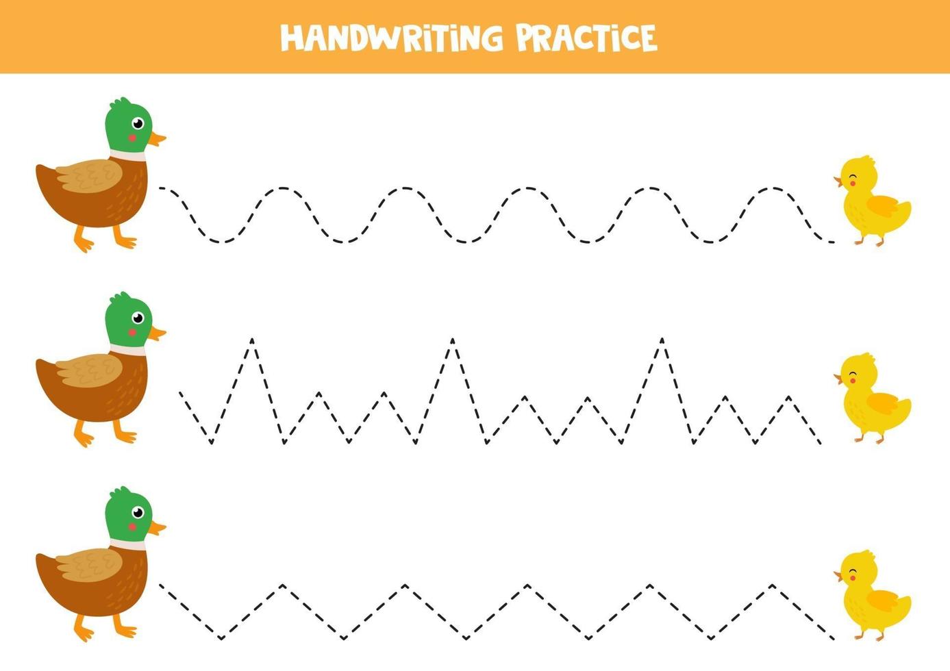 pratiquer les compétences d'écriture. canard de dessin animé mignon et canard jaune. feuille de travail éducative pour les enfants. vecteur