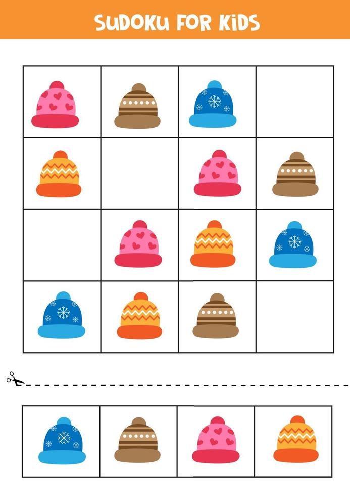 puzzle logique pour les enfants. sudoku avec des bonnets d'hiver. vecteur