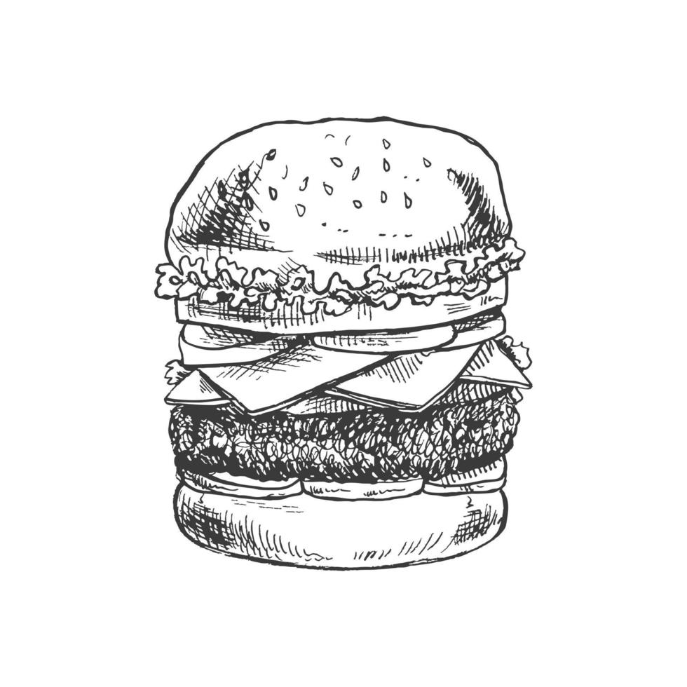 dessiné à la main esquisser de génial délicieux sandwich, Burger, Hamburger isolé sur blanc Contexte. vite nourriture ancien illustration. élément pour le conception de Étiquettes, emballage et cartes postales vecteur