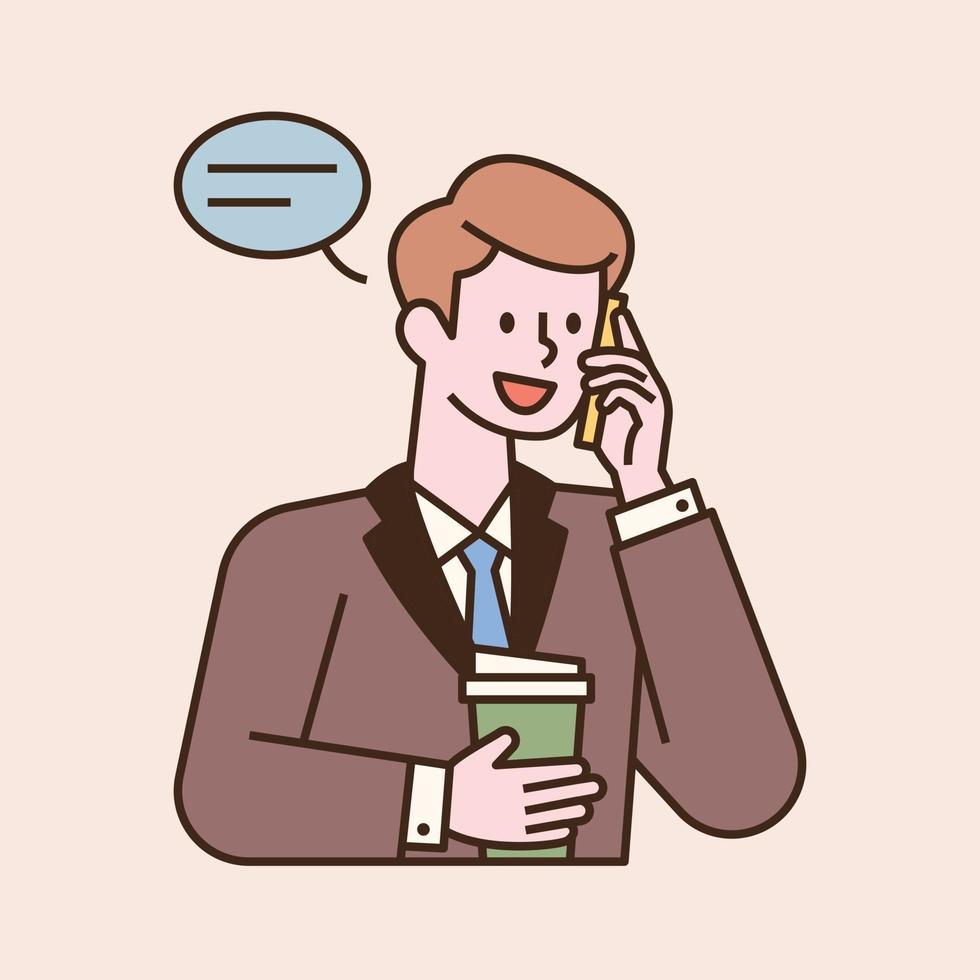 un homme d'affaires en costume est au téléphone et tient un café dans une main. illustration vectorielle minimale de style design plat. vecteur