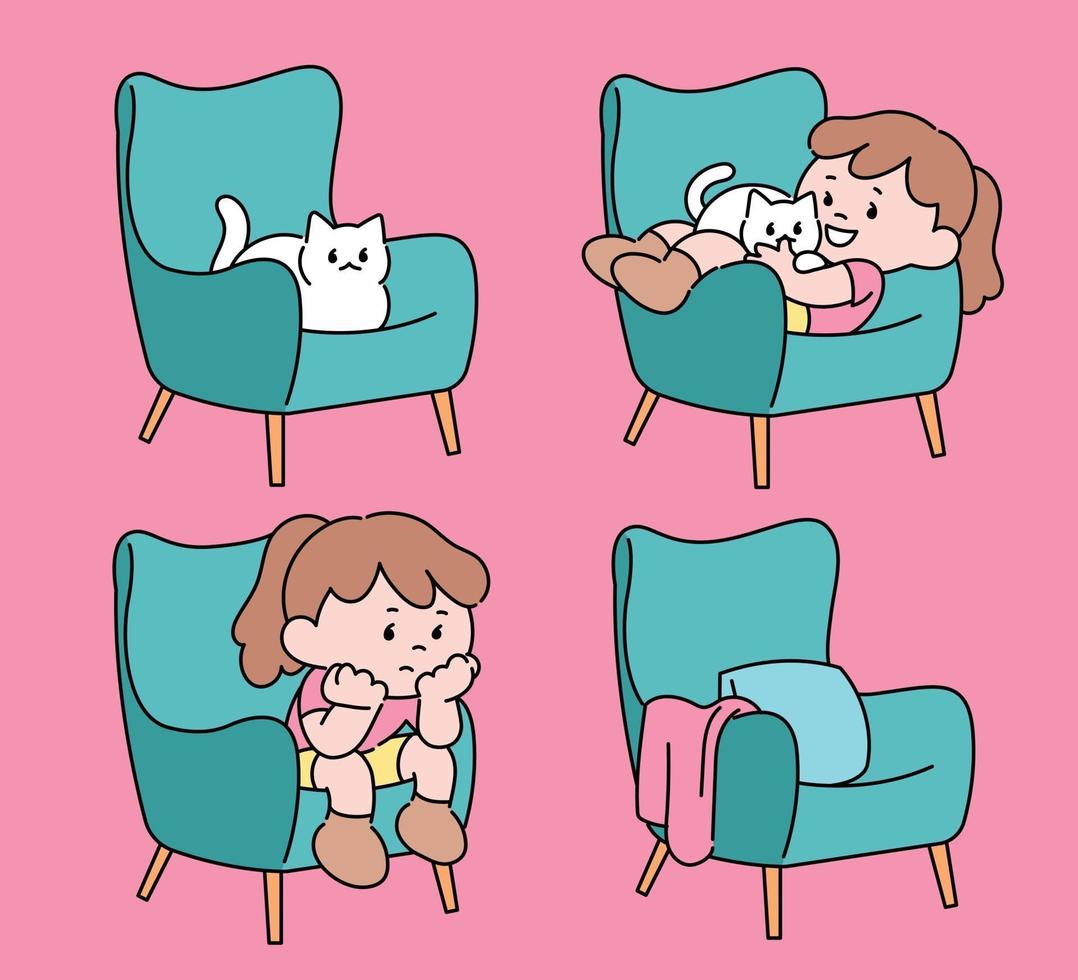 fille avec un chat sur le canapé. illustrations de conception de vecteur de style dessiné à la main.