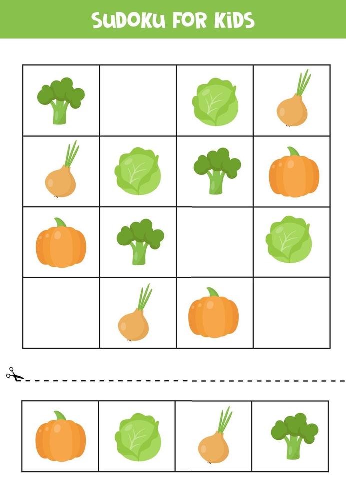 jeu de sudoku pour les enfants d'âge préscolaire. légumes de dessin animé mignon. vecteur