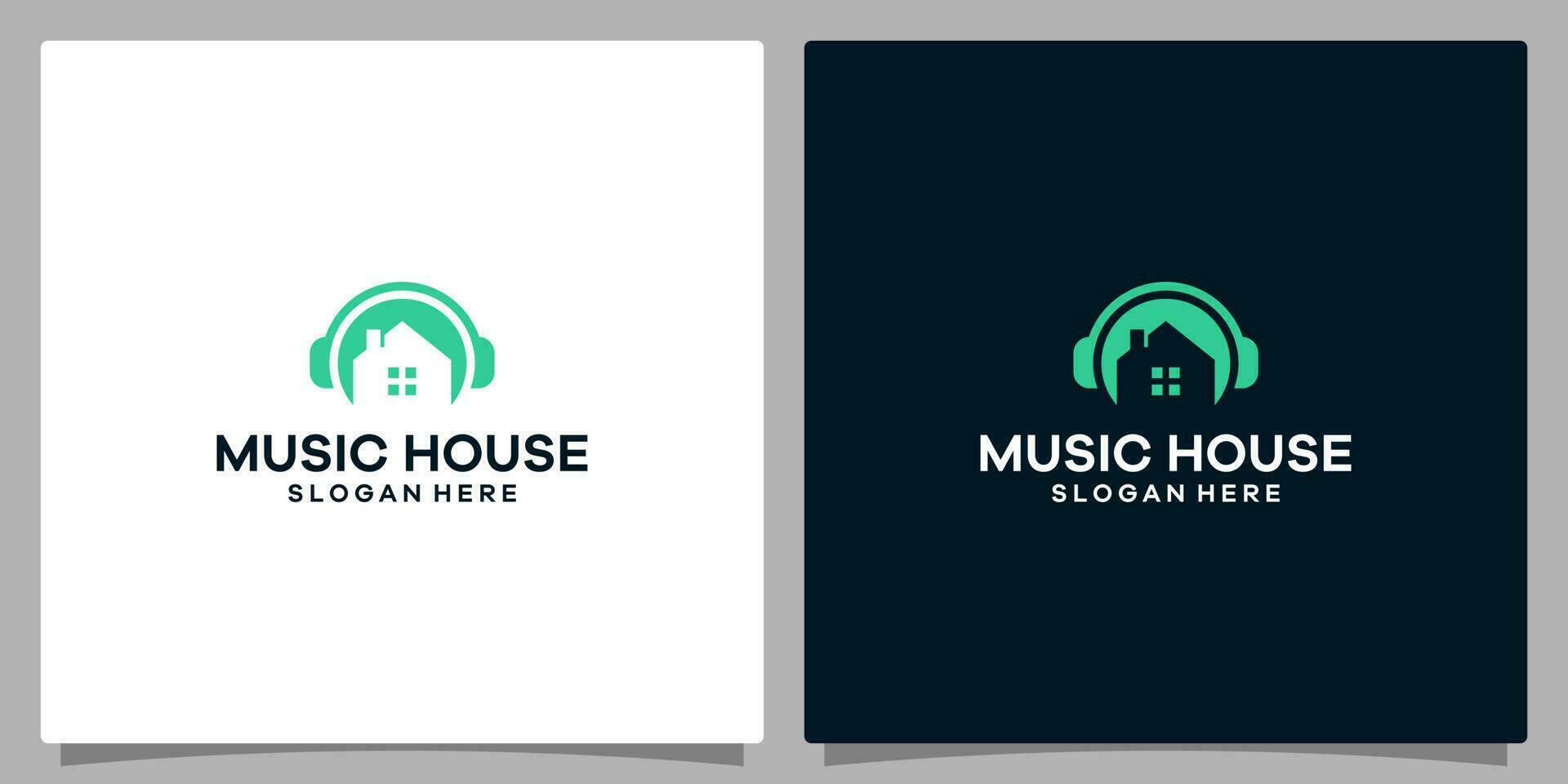 logo conception modèle musique. logo casque de musique avec maison bâtiment. prime vecteur