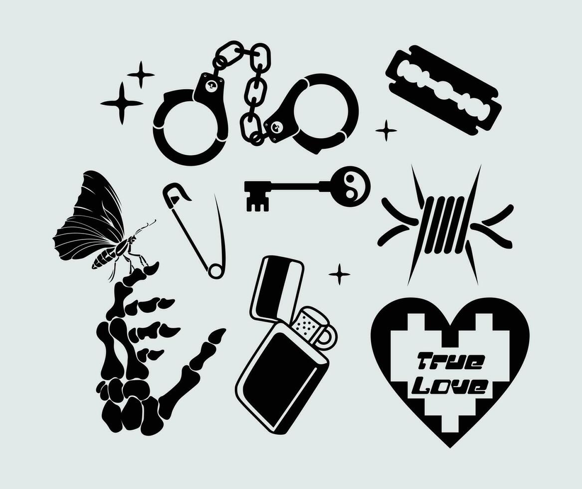 vrai l'amour autocollant élément vecteur illustration ensemble empaqueter, menottes, correspondre, clé, papillon épingle tatouage modifiable
