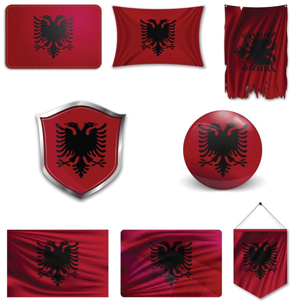 ensemble du drapeau national de l'Albanie dans différents modèles sur fond blanc. illustration vectorielle réaliste. vecteur