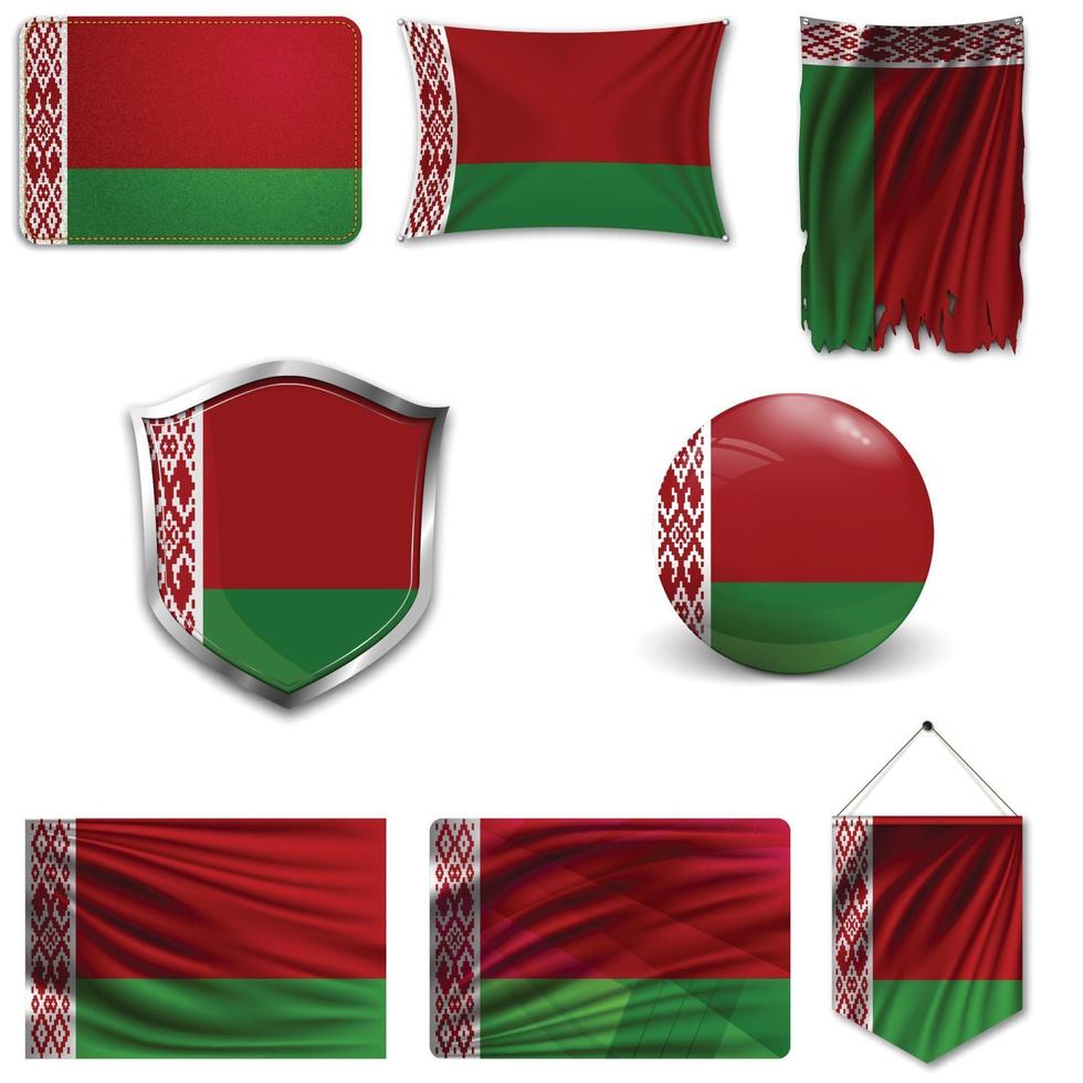 ensemble du drapeau national de la Biélorussie dans différents modèles sur fond blanc. illustration vectorielle réaliste. vecteur