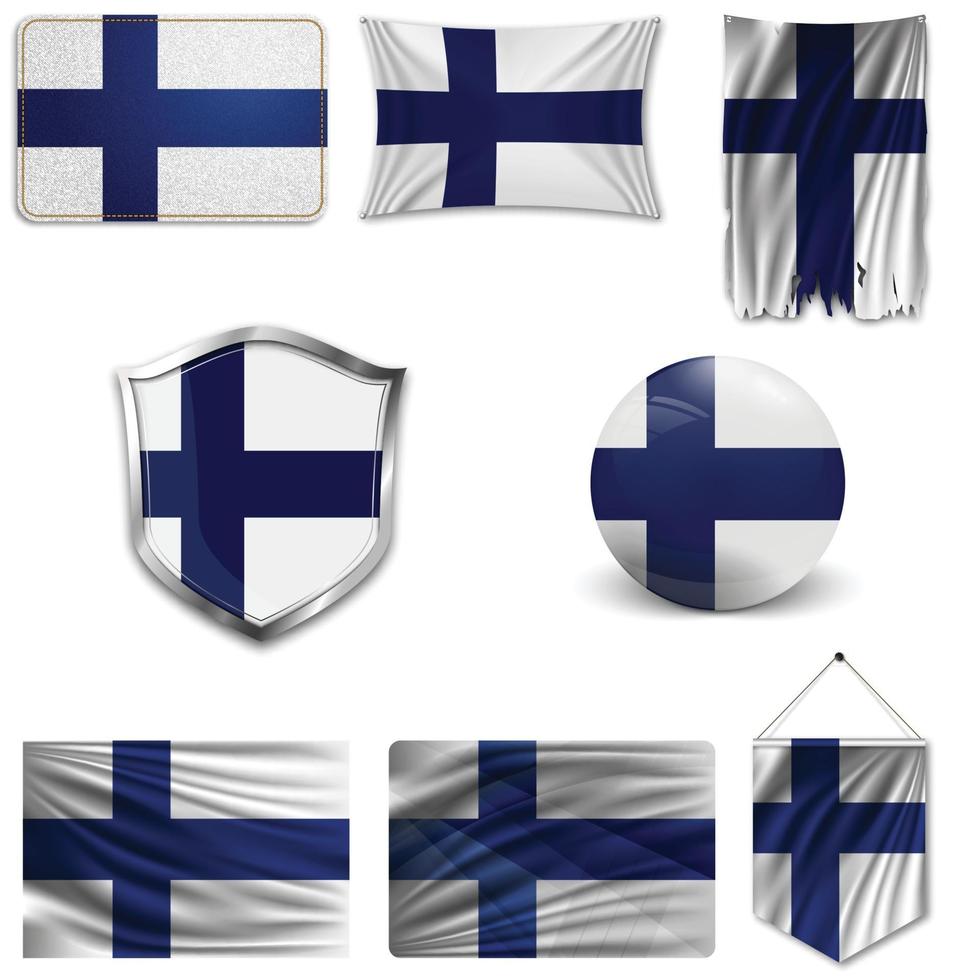 ensemble du drapeau national de la Finlande dans différents modèles sur fond blanc. illustration vectorielle réaliste. vecteur