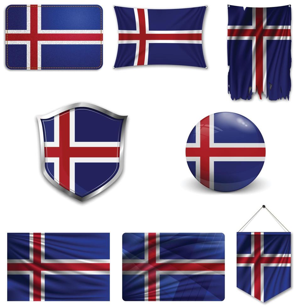 ensemble du drapeau national de l'Islande dans différents modèles sur fond blanc. illustration vectorielle réaliste. vecteur