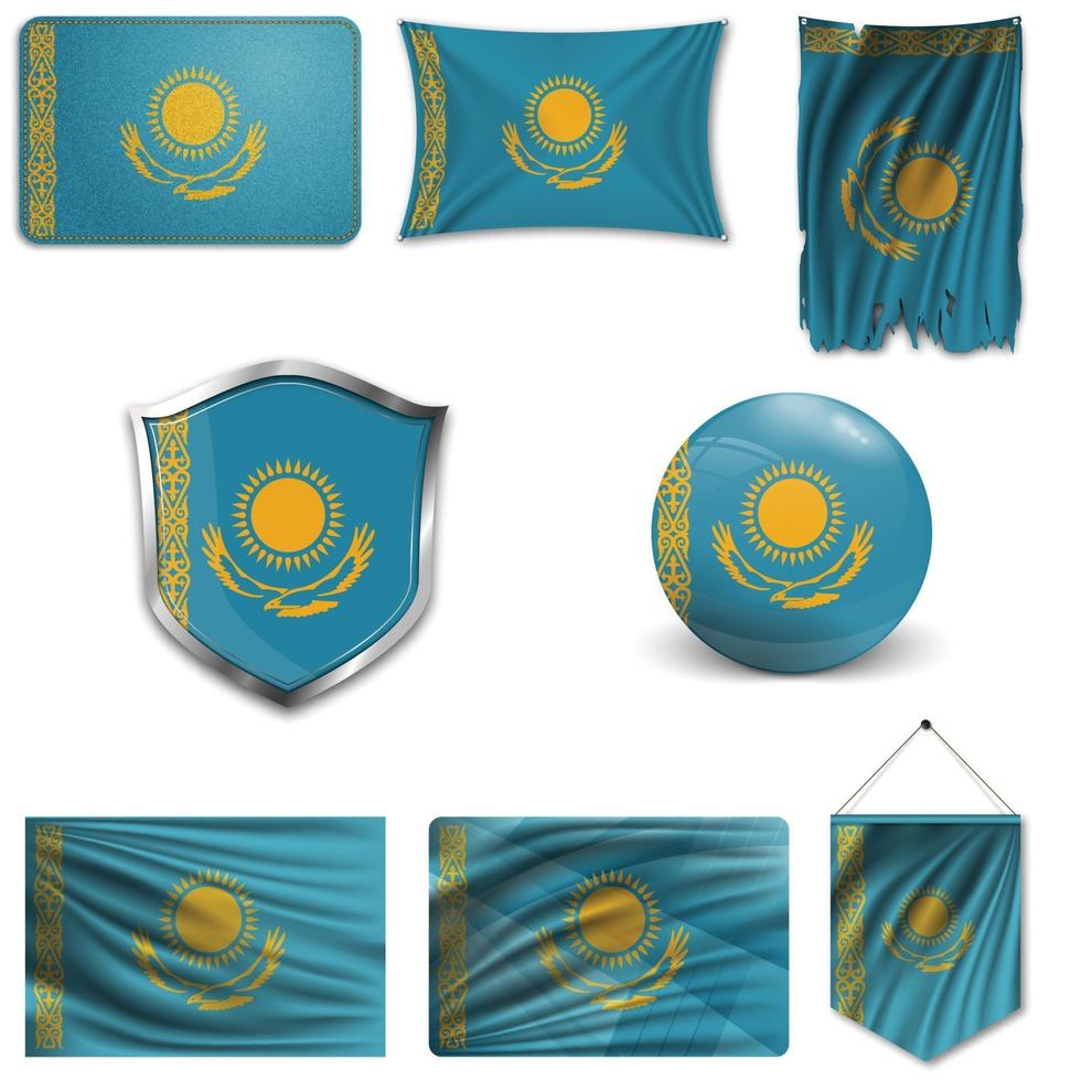 ensemble du drapeau national du kazakhstan dans différents modèles sur fond blanc. illustration vectorielle réaliste. vecteur