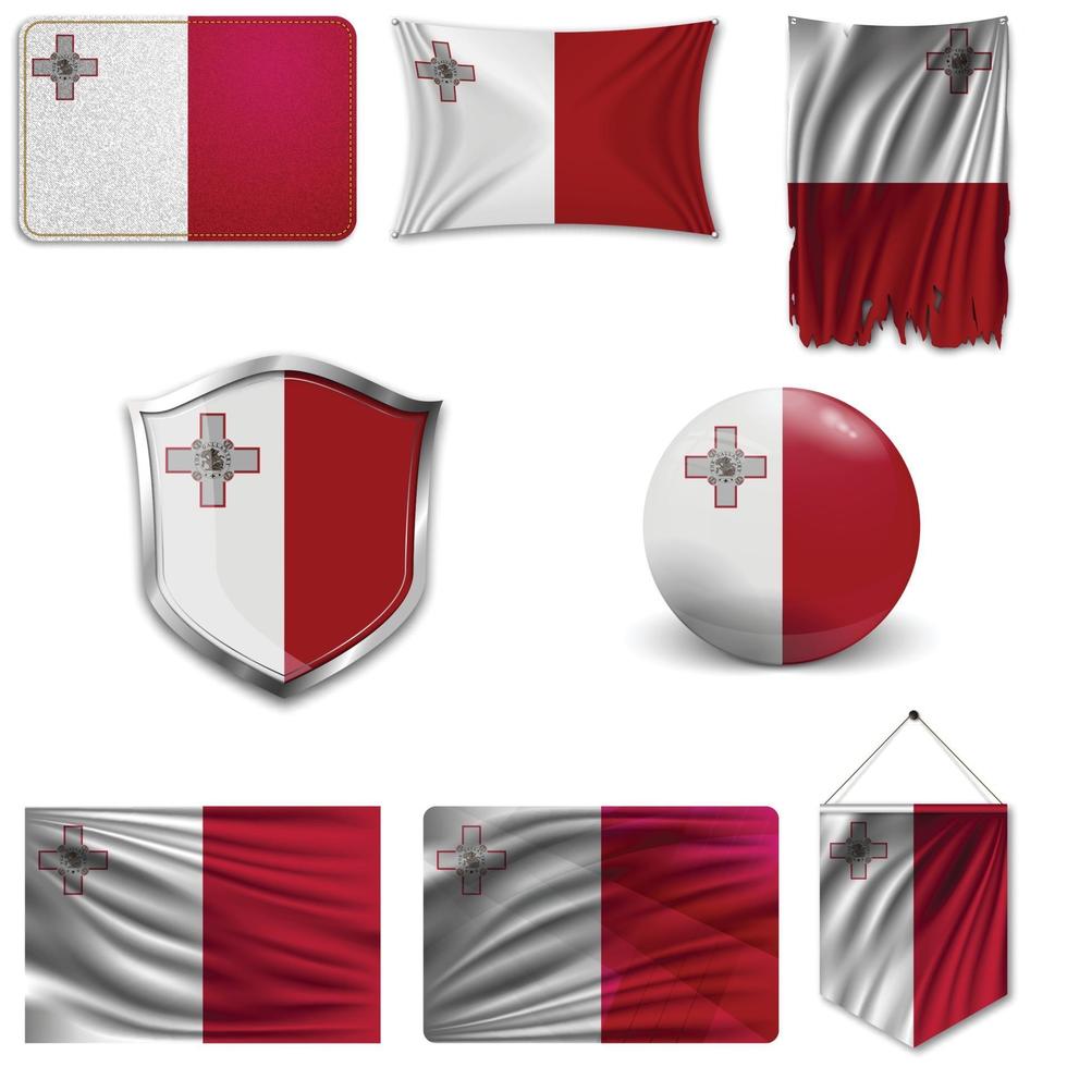 ensemble du drapeau national de Malte dans différents modèles sur fond blanc. illustration vectorielle réaliste. vecteur