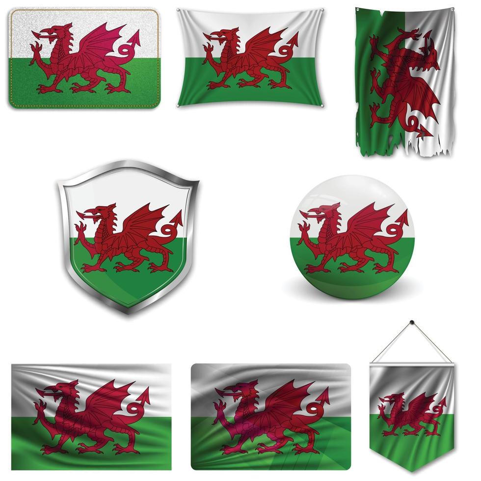 ensemble du drapeau national du Pays de Galles dans différents modèles sur fond blanc. illustration vectorielle réaliste. vecteur
