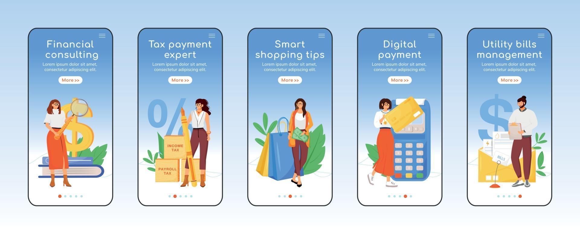 aide au paiement des taxes intégration modèle de vecteur plat écran application mobile. étapes du site Web d'aide financière avec des personnages. ux, ui, interface de dessin animé de smartphone gui, ensemble d'impressions de cas