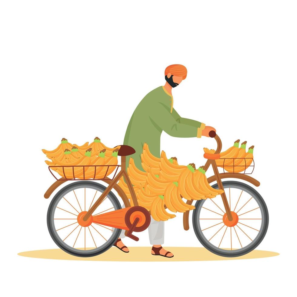 homme indien transportant des bananes sur le caractère sans visage de vecteur de couleur plat de vélo. vendeur de fruits exotiques, homme avec illustration de dessin animé isolé cycle pour la conception graphique et l'animation web