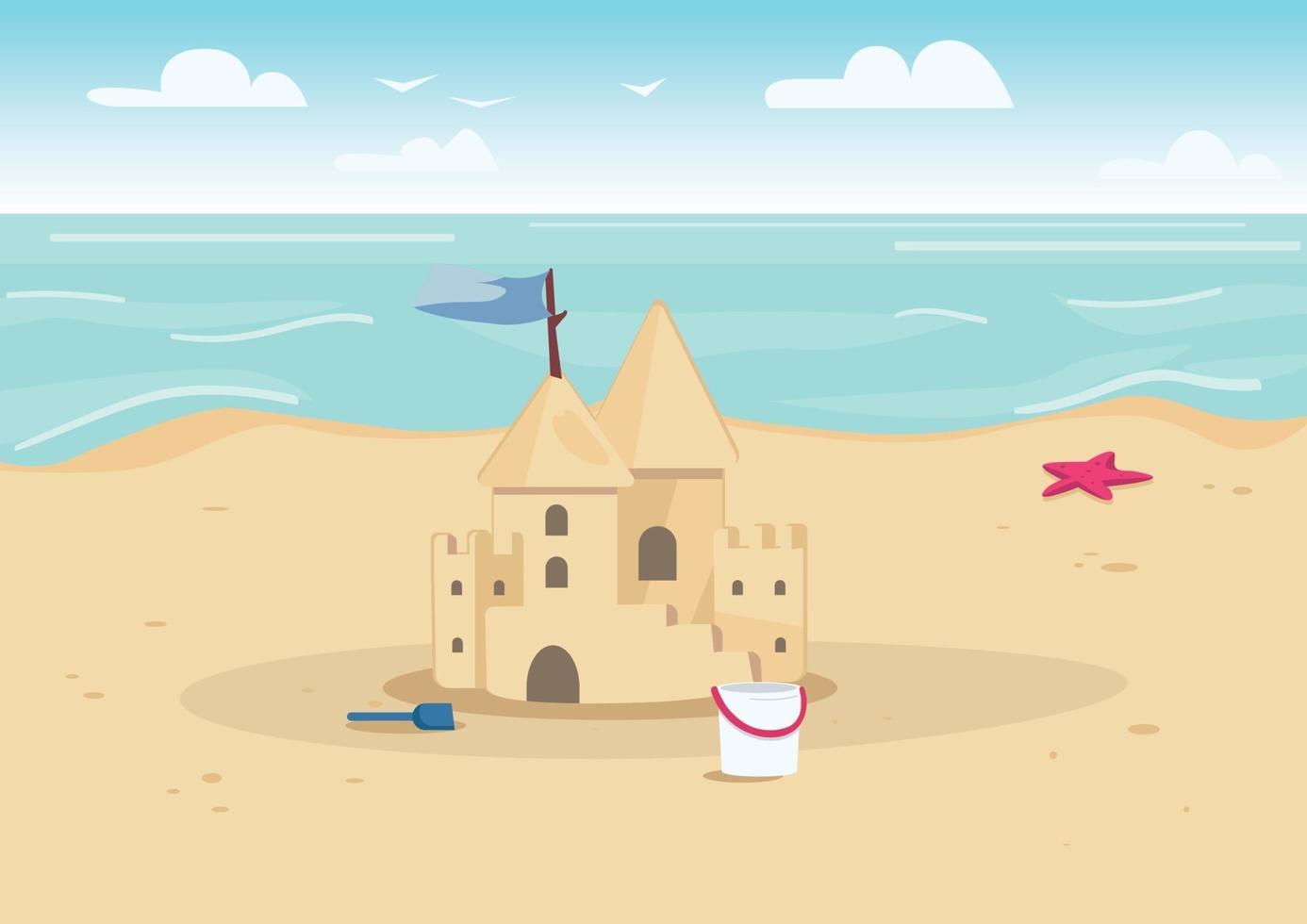 château de sable sur illustration vectorielle de plage couleur plat. divertissement de vacances d'été pour les enfants. Château de sable et jouets pour enfants sur le paysage de dessin animé 2d de la côte avec de l'eau sur fond vecteur