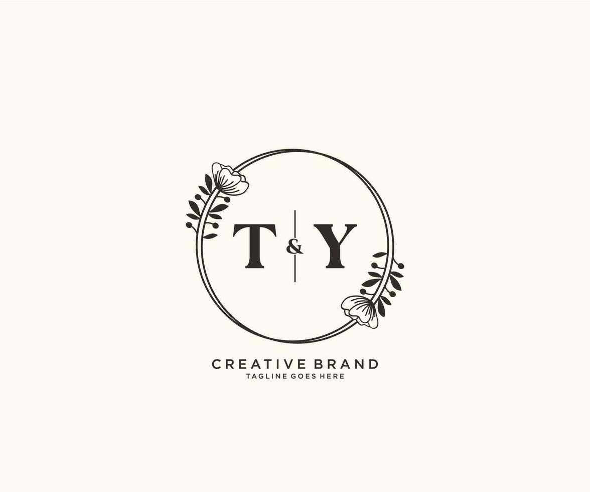 initiale ty des lettres main tiré féminin et floral botanique logo adapté pour spa salon peau cheveux beauté boutique et cosmétique entreprise. vecteur