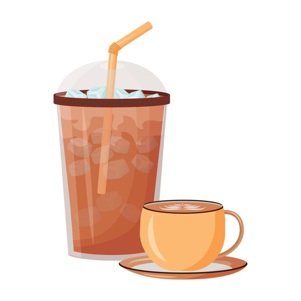 illustration de vecteur de dessin animé de menu de coffeeshop d'été. americano glacé. cappuccino dans une tasse en céramique. tasse en plastique avec de la paille. la caféine boit un objet de couleur plate. Rafraîchissement shake isolé sur fond blanc