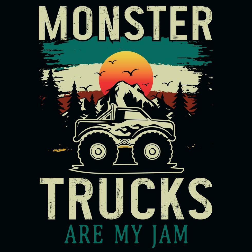 monstre camions Montagne aventures T-shirt conception vecteur