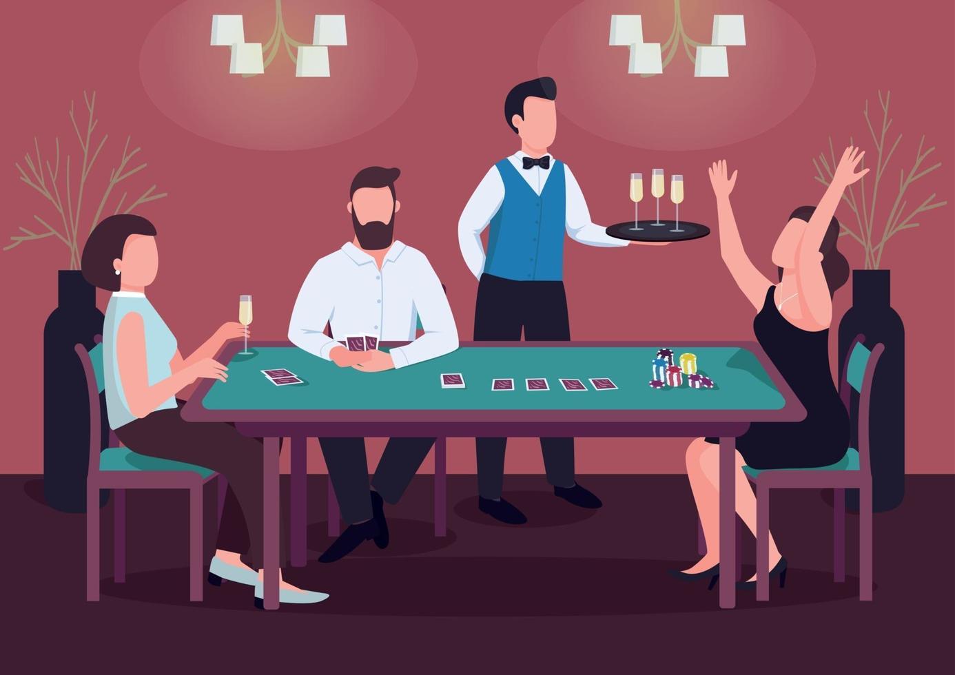 illustration vectorielle de casino plat couleur. trois personnes jouent au poker. femme gagner le jeu de cartes à la table verte. chips pour faire des enjeux. Personnages de dessins animés 2d joueur à l'intérieur avec serveur sur fond vecteur