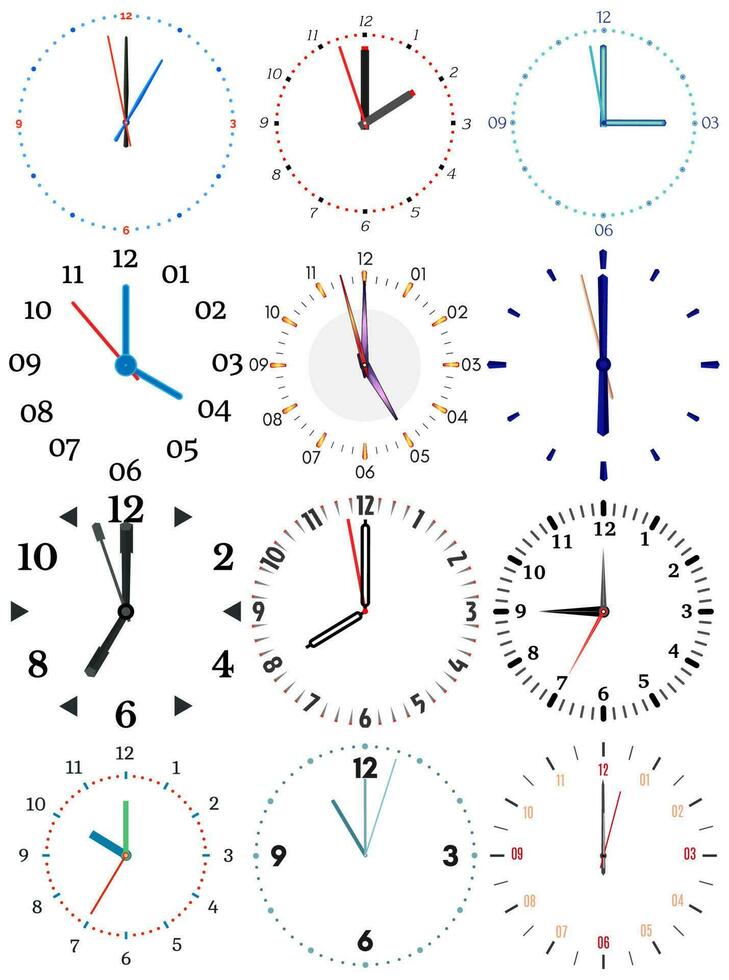 une ensemble de différent mécanique horloges avec un image de chaque de le Douze heures. l'horloge visage sur blanc Contexte. vecteur