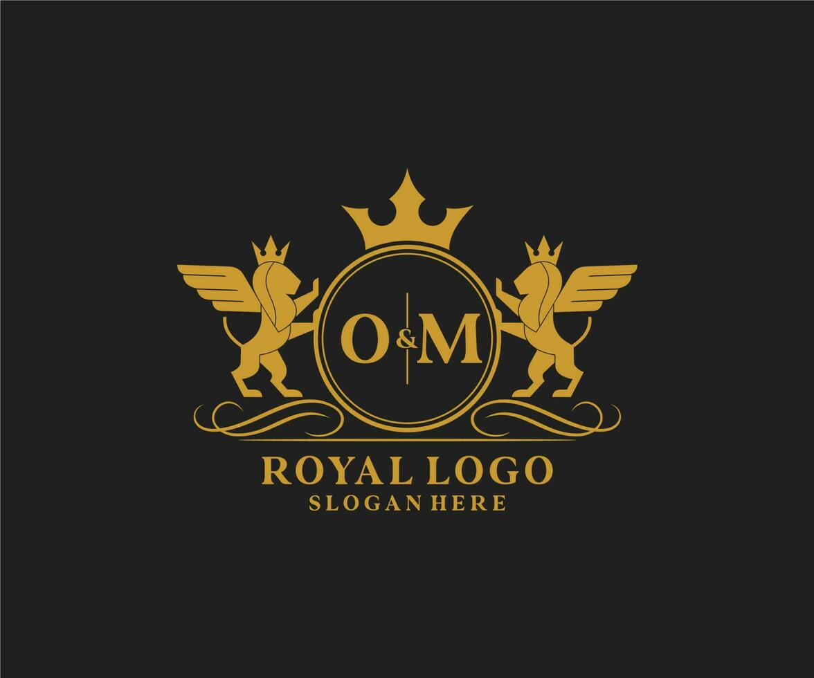 initiale om lettre Lion Royal luxe héraldique, crête logo modèle dans vecteur art pour restaurant, royalties, boutique, café, hôtel, héraldique, bijoux, mode et autre vecteur illustration.