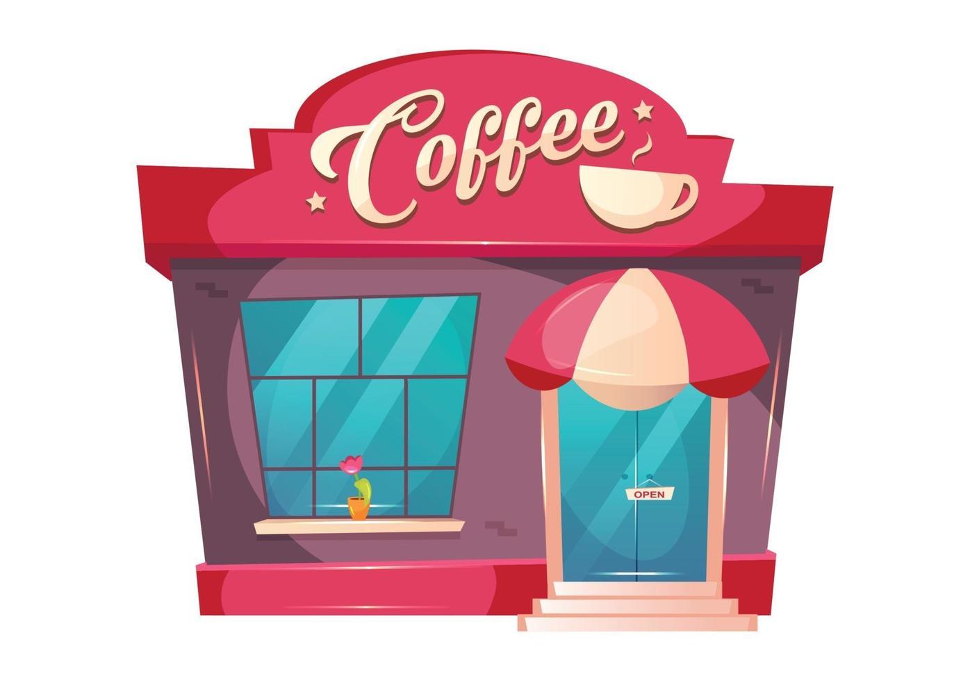 illustration vectorielle de coffeeshop dessin animé. café bâtiment avant objet de couleur plat. extérieur de kiosque de restaurant. bistro avec auvent au-dessus de la porte. boulangerie avec fenêtre. Entrée de la cafétéria isolé sur fond blanc vecteur