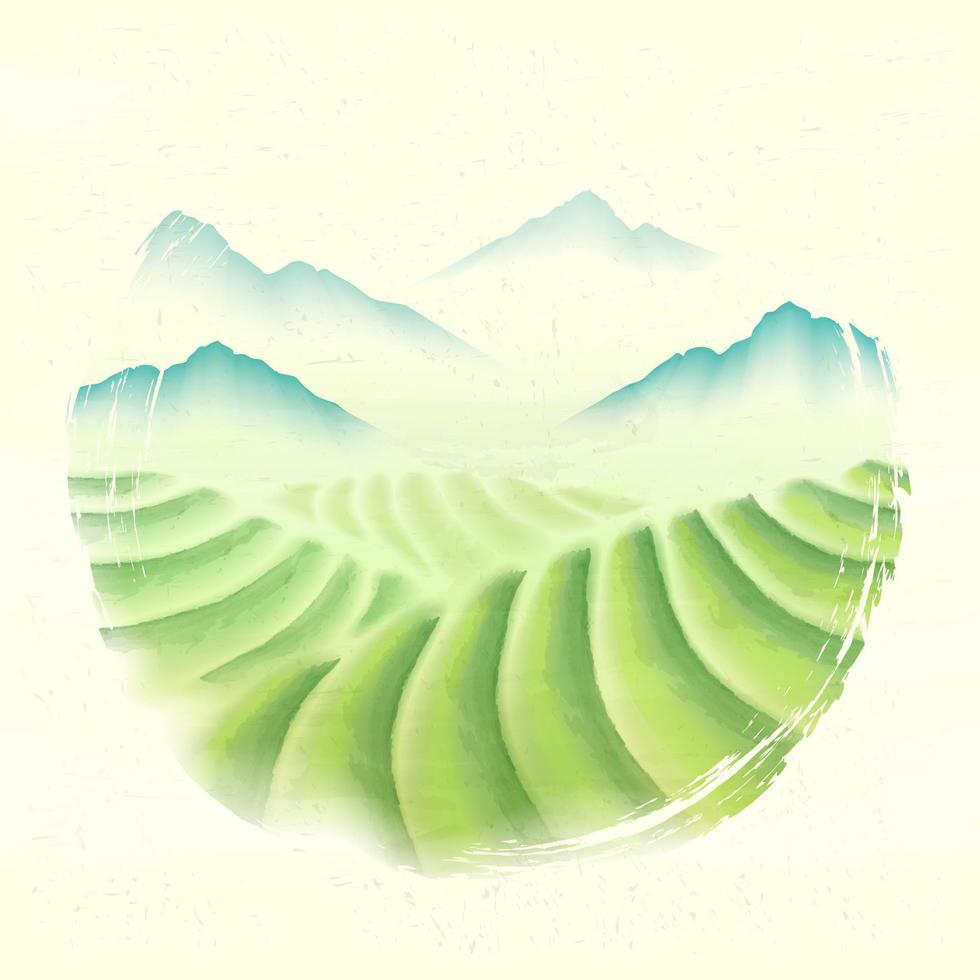coloré chinois encre peinture. illustration de thé plantation et montagnes. vecteur