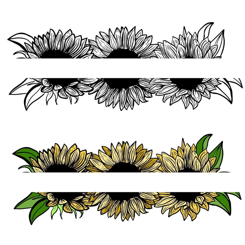 bannière, frontière, tournesols d'encre sur fond blanc pour carte de voeux, dessin au trait. Éléments de tournesol en fleurs décoratifs dessinés à la main en vecteur