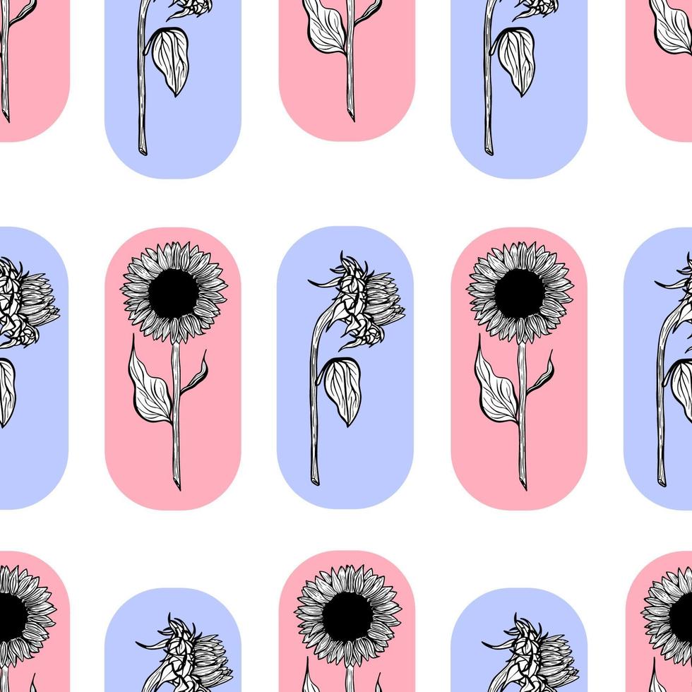 modèle sans couture avec dessin au trait fleur tournesols noirs sur fond jaune illustration d'un tournesol. Éléments de tournesol en fleurs décoratifs dessinés à la main en vecteur