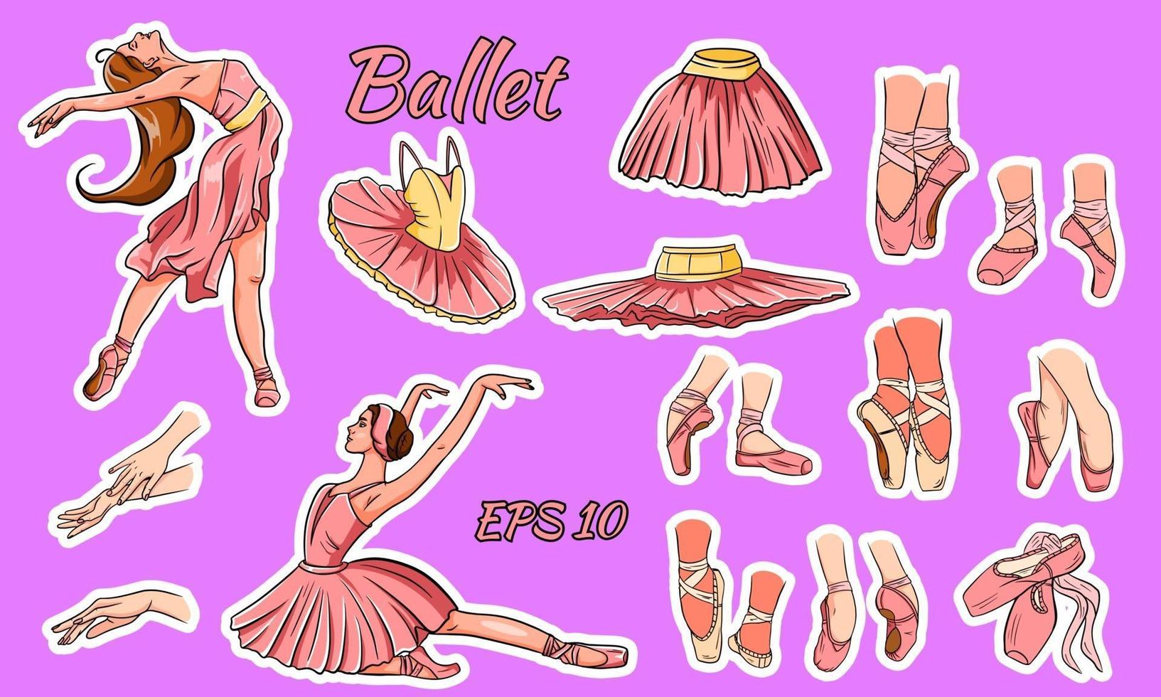 ensemble de ballet de vecteur. ballerines et pointes. pieds de ballerine en chaussures de ballet. tutus et robes de ballet. bras. vecteur