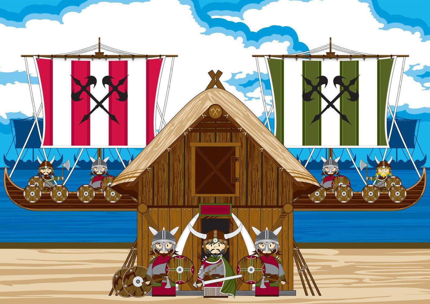 dessin animé viking guerriers sur le plage avec chaloupes norrois histoire illustration vecteur
