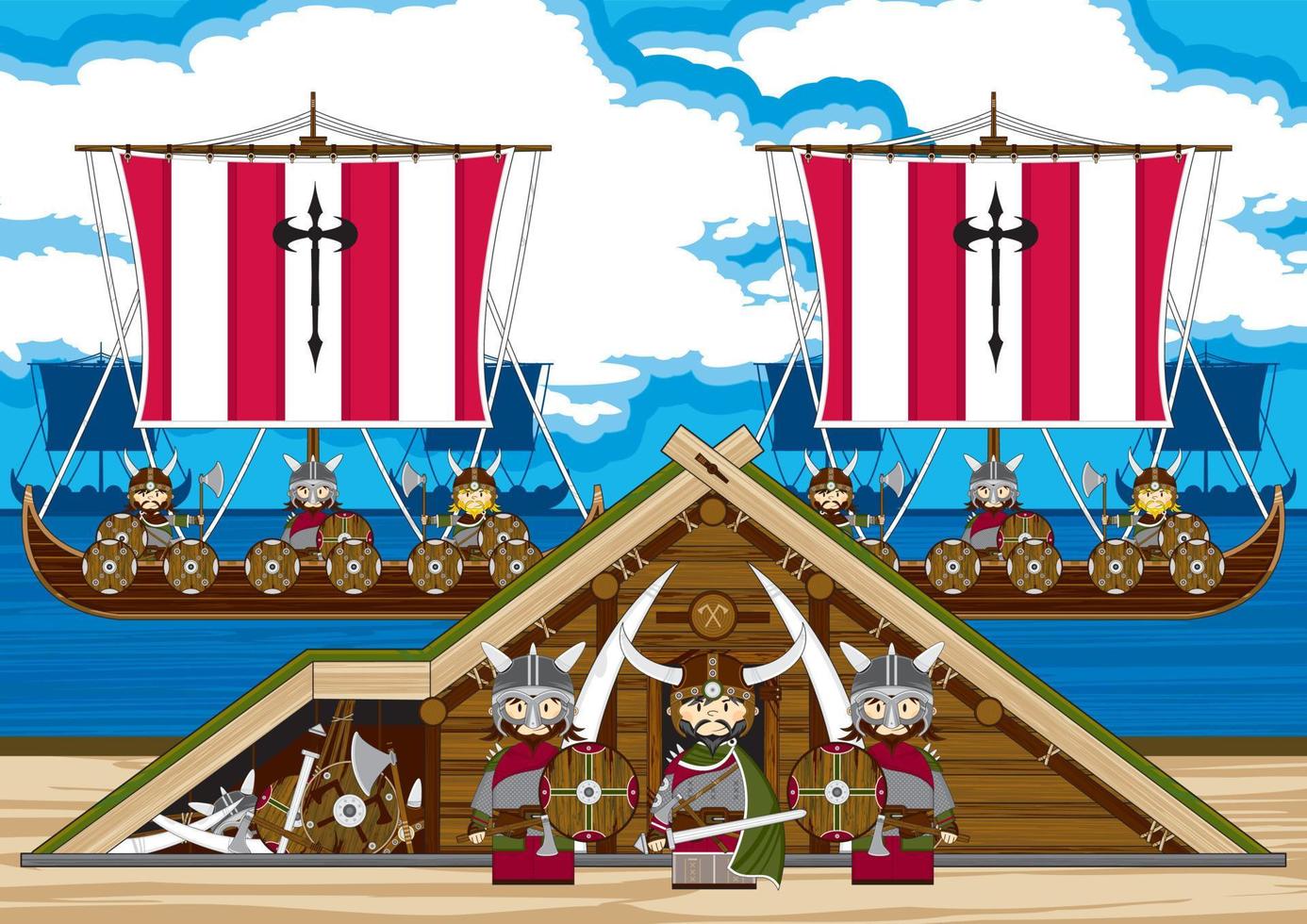 dessin animé viking guerriers sur le plage avec chaloupes norrois histoire illustration vecteur