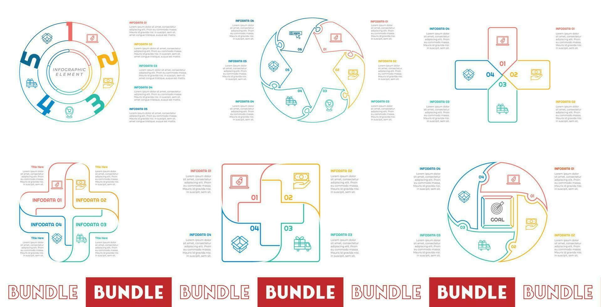 infographie paquet ensemble avec 4, 5, 6 pas, les options ou processus pour flux de travail mise en page, diagramme, annuel rapport, présentation et la toile conception. vecteur