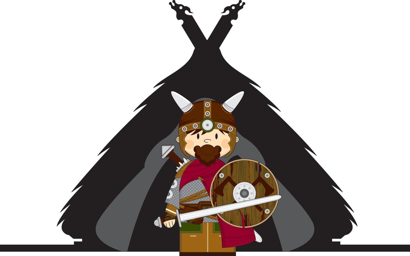 mignonne dessin animé viking guerrier et tente norrois histoire illustration vecteur