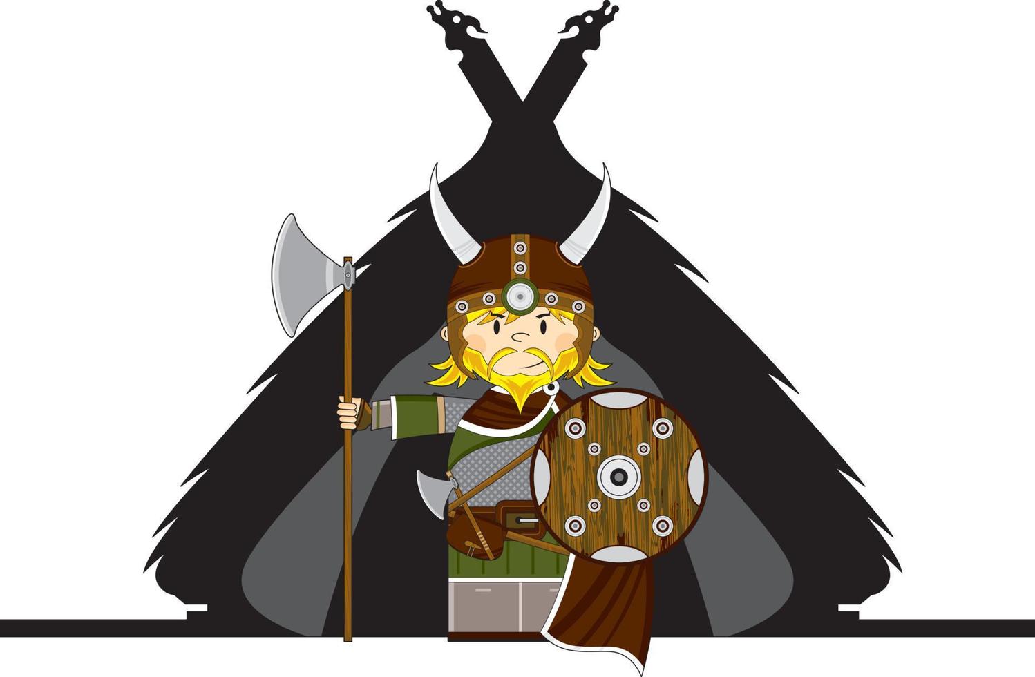 mignonne dessin animé viking guerrier et tente norrois histoire illustration vecteur