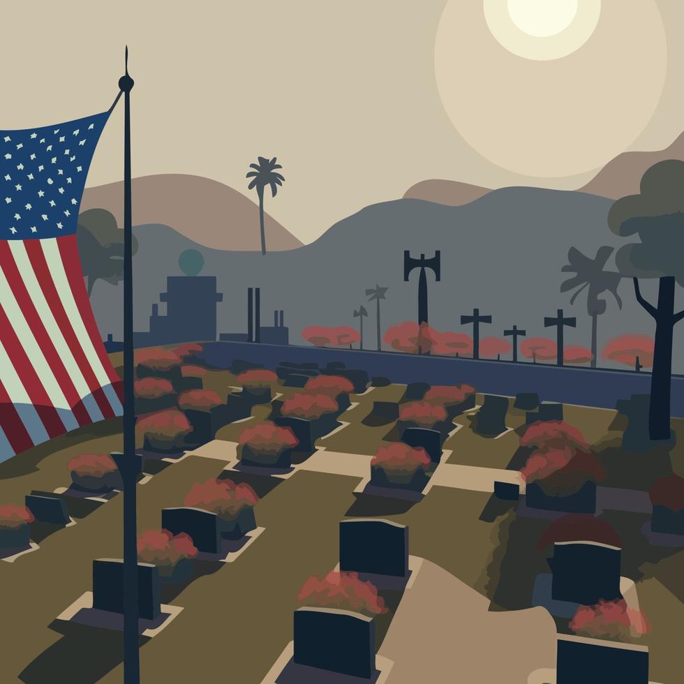 cimetière pendant Mémorial journée avec uni États drapeau en volant et rouge fleurs vecteur
