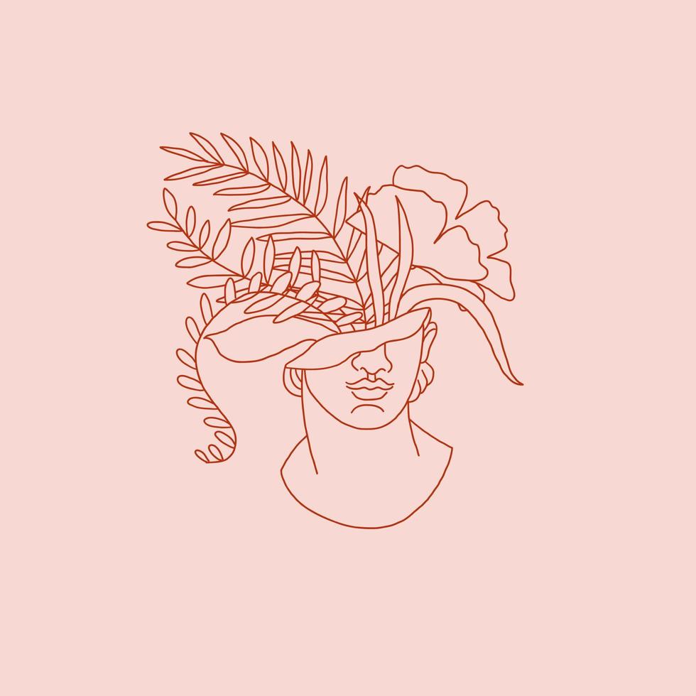 Masculin statue tête de les plantes ligne art dessin. fleur tête ligne dessin minimaliste illustration. femelle ligne art, mur art esquisser femme, illustration. produits de beauté logo. vecteur illustration