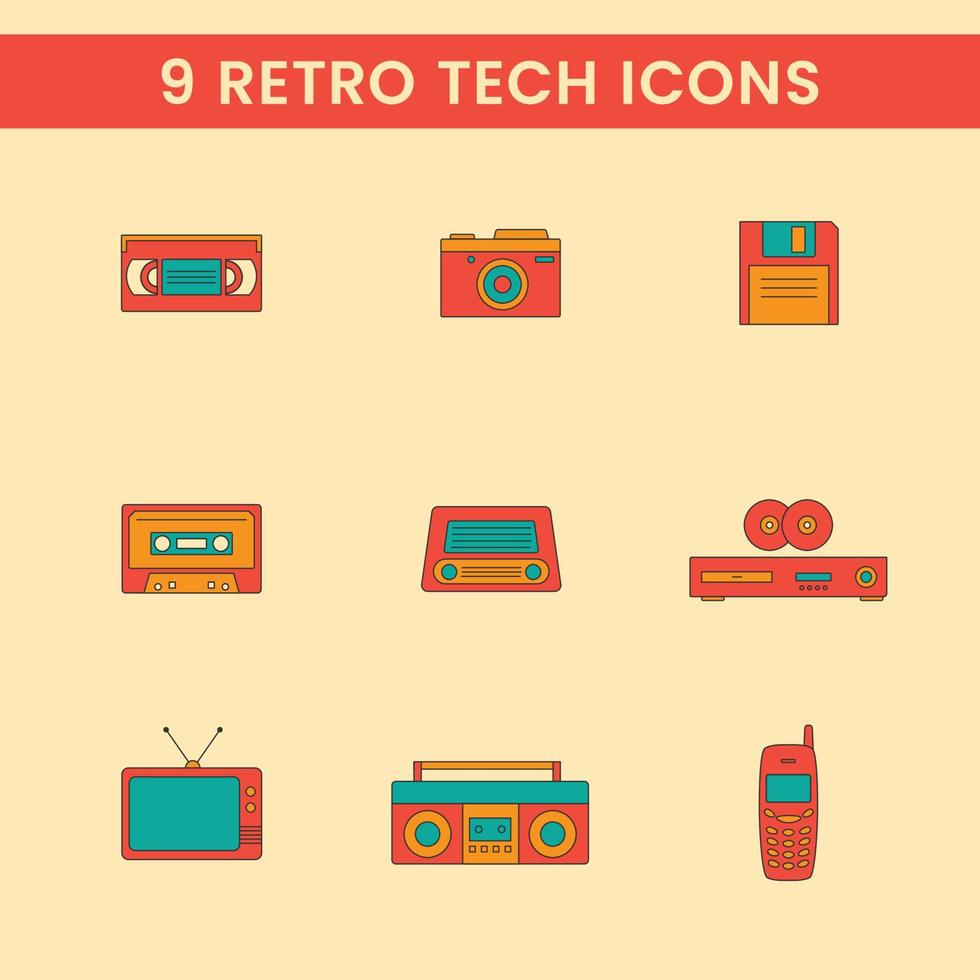 ensemble de 9 rétro technologie solide coloré Icônes rétro ancien Années 90 Années 80 icône conception vecteur