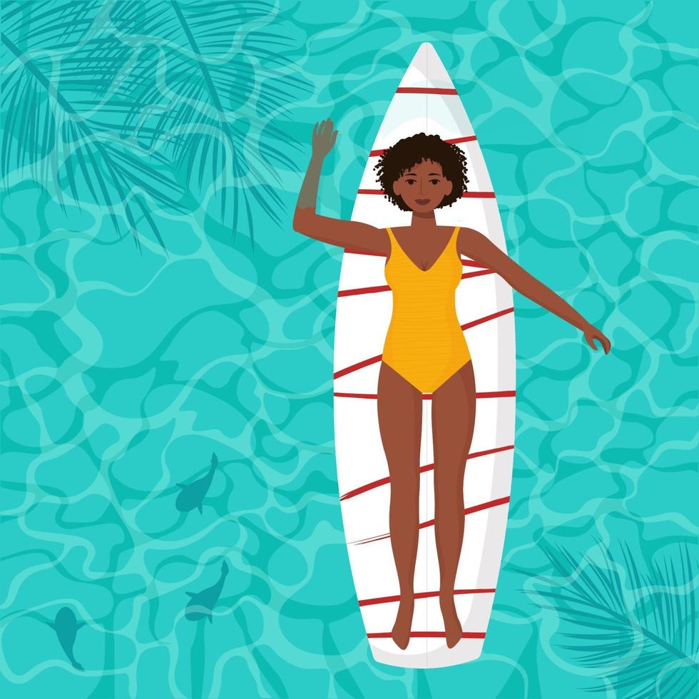 femme afro-américaine flottant sur une planche de surf vecteur