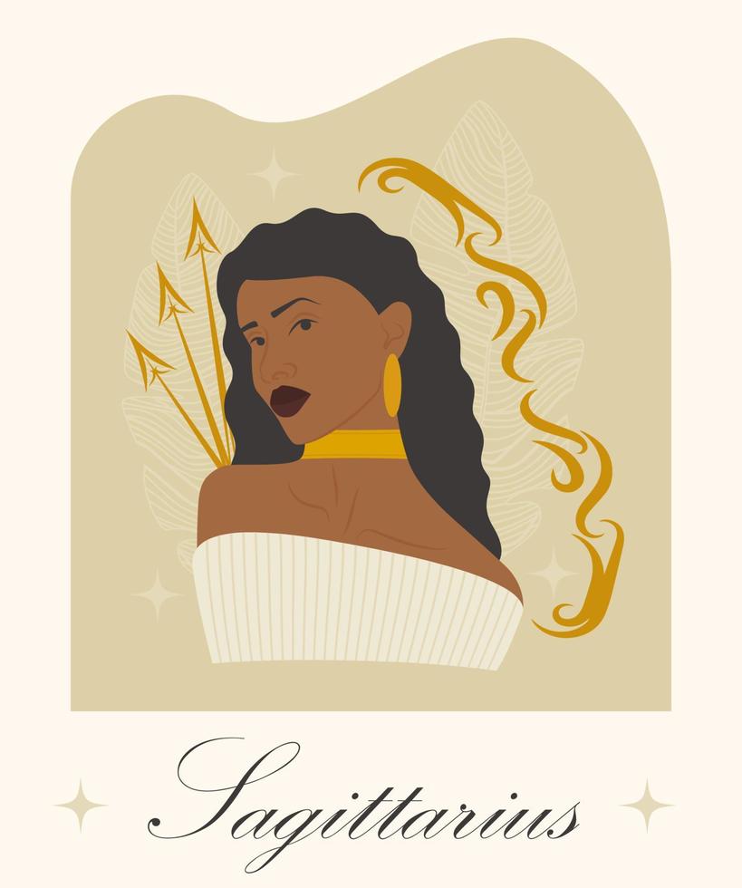 Sagittaire zodiaque signe Jeune afro femme dessin animé illustration. vecteur