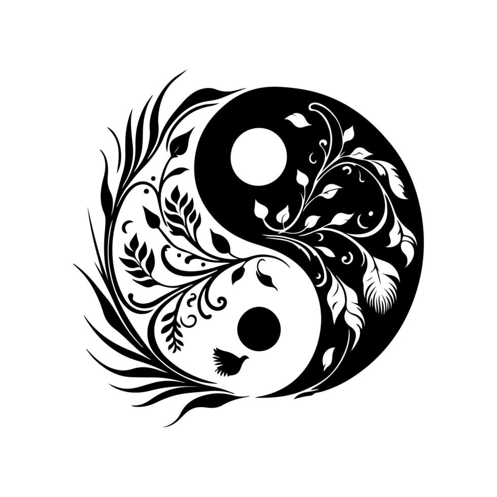 harmonieux yin et Yang abstrait symbole avec délicat floral éléments. monochrome vecteur illustration parfait pour bien-être, yoga, méditation, et spirituel conceptions.