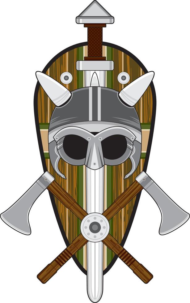 mignonne dessin animé viking guerrier casque avec bouclier et épée norrois histoire illustration vecteur