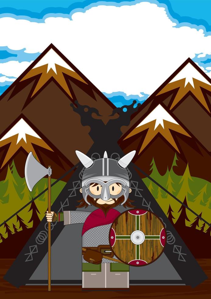 mignonne dessin animé viking guerrier et tente norrois histoire illustration vecteur