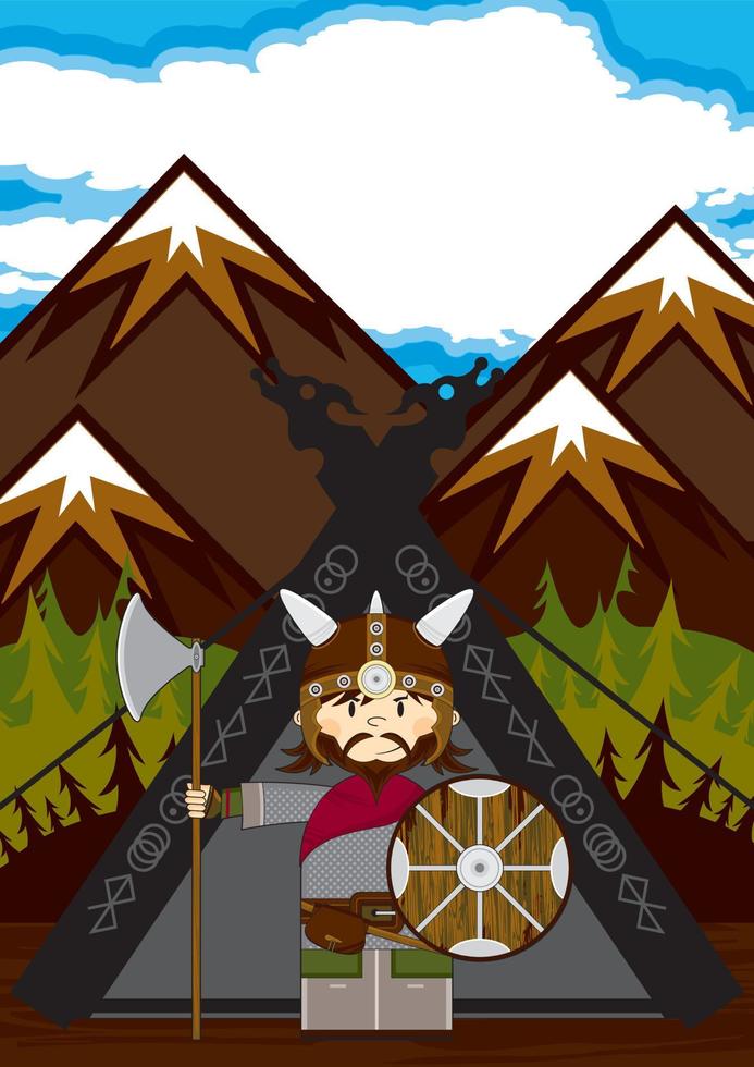 mignonne dessin animé viking guerrier et tente norrois histoire illustration vecteur