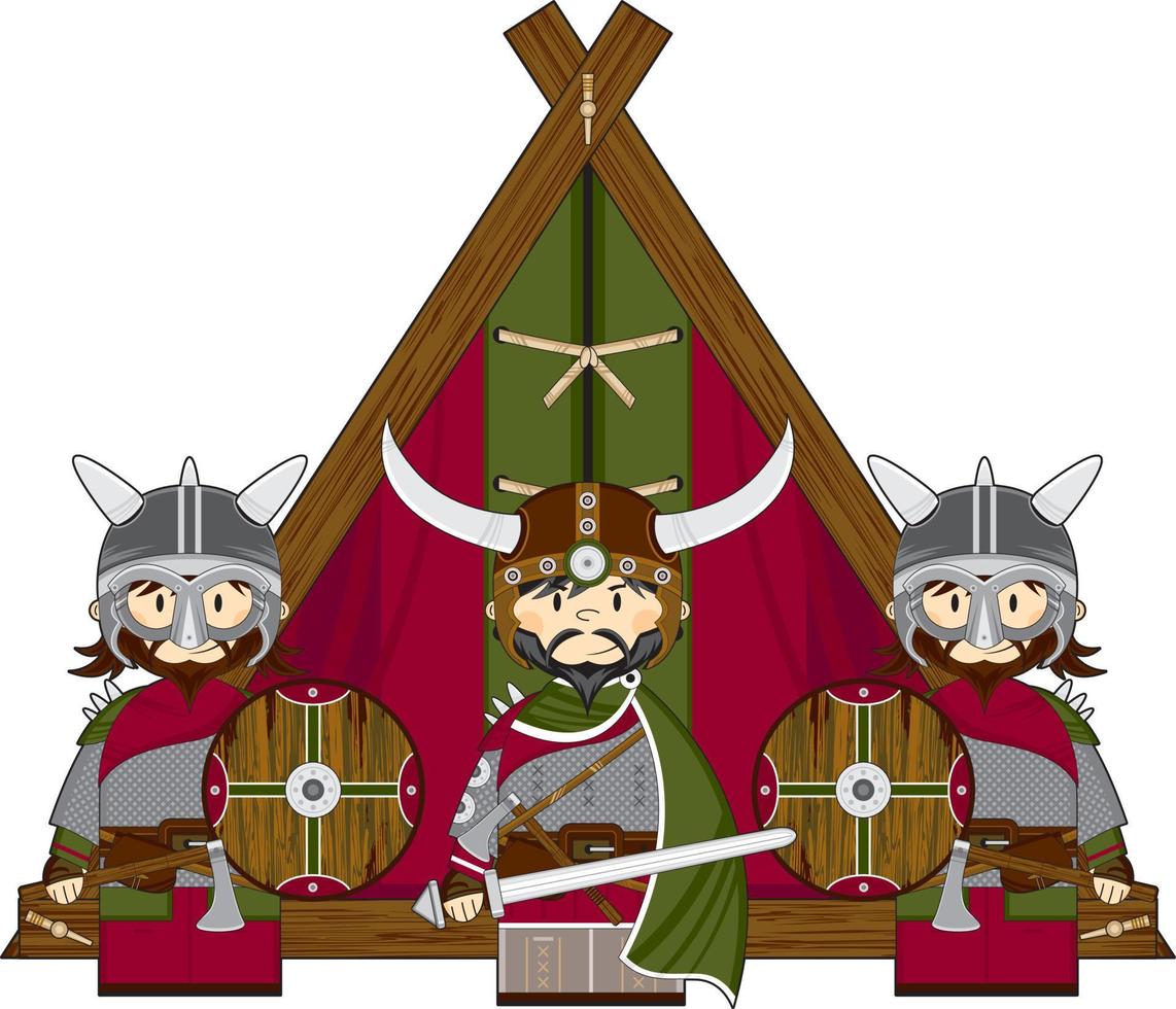 mignonne dessin animé viking guerriers et tente norrois histoire illustration vecteur