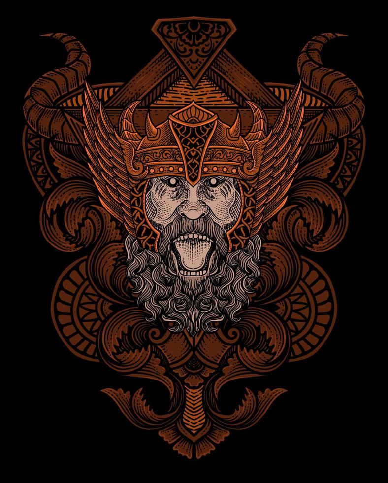 illustration de en colère viking tête avec ancien gravure ornement dans retour parfait pour votre affaires et marchandise vecteur