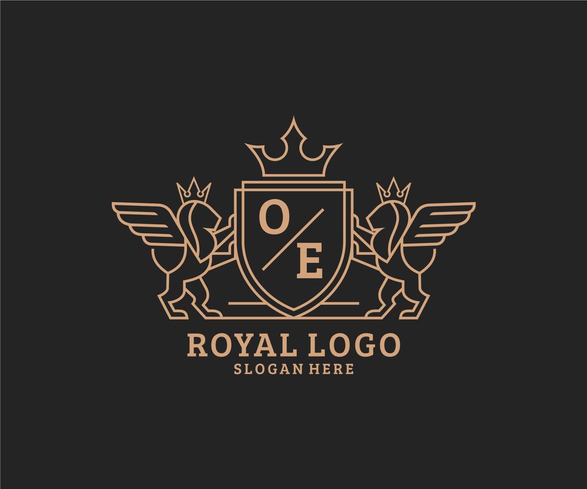 initiale oe lettre Lion Royal luxe héraldique, crête logo modèle dans vecteur art pour restaurant, royalties, boutique, café, hôtel, héraldique, bijoux, mode et autre vecteur illustration.