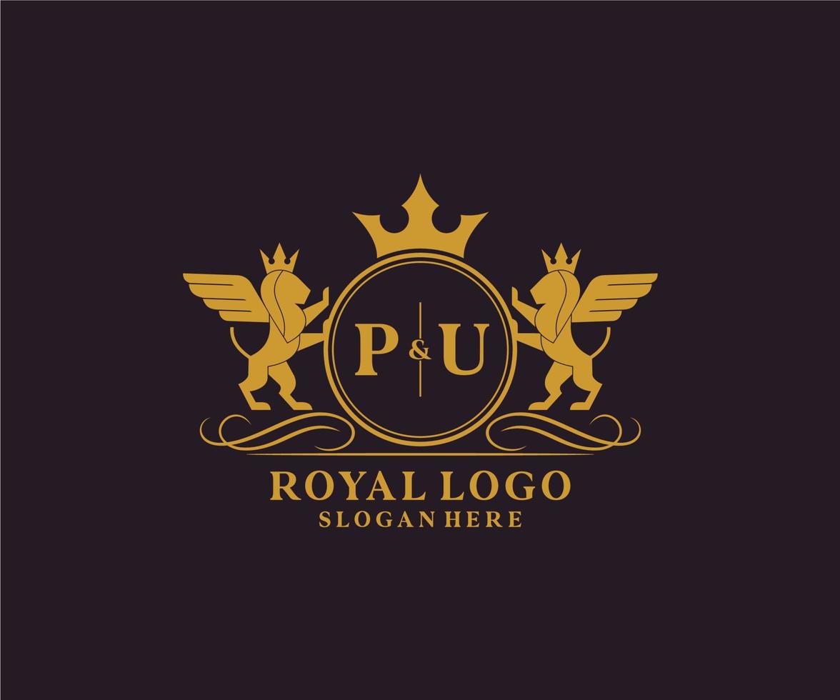 initiale pu lettre Lion Royal luxe héraldique, crête logo modèle dans vecteur art pour restaurant, royalties, boutique, café, hôtel, héraldique, bijoux, mode et autre vecteur illustration.