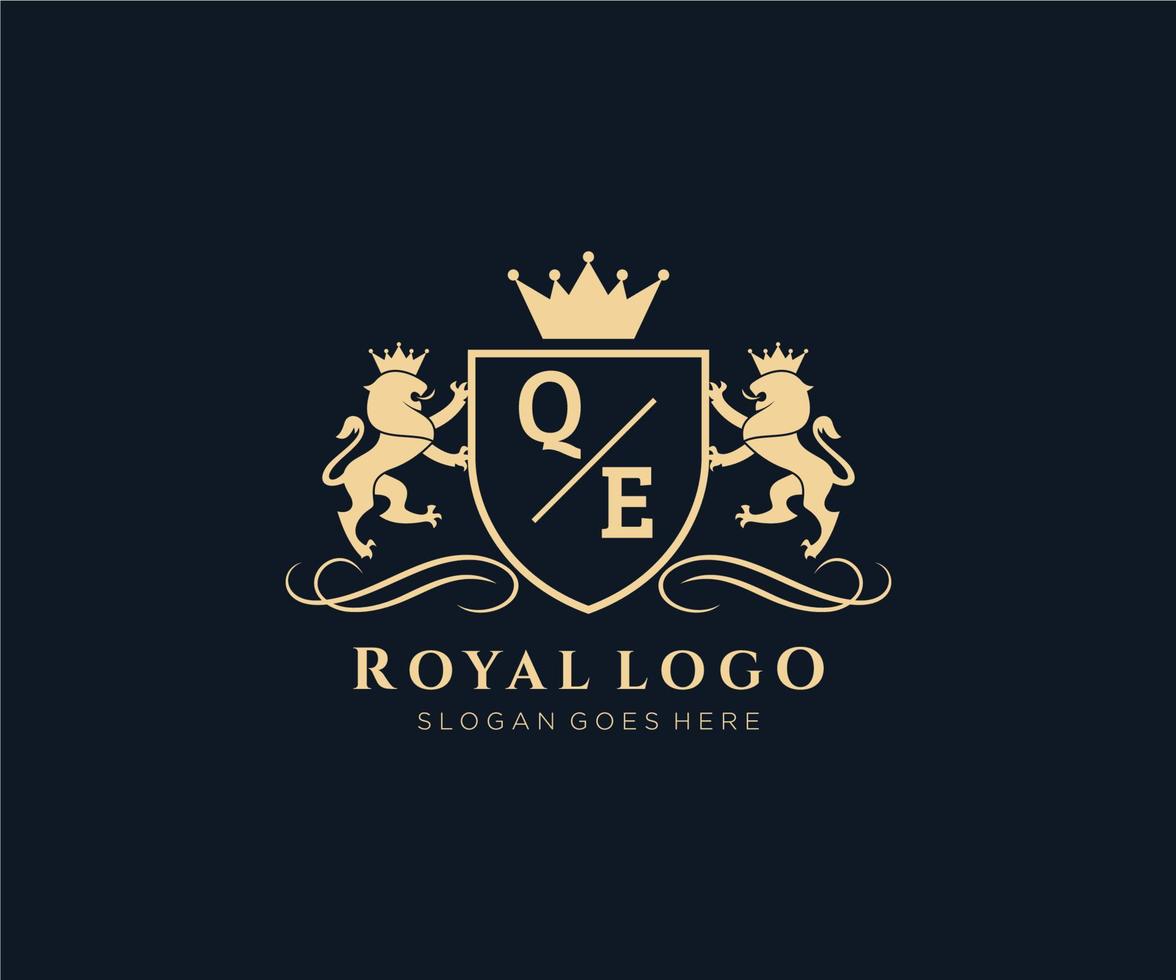 initiale qe lettre Lion Royal luxe héraldique, crête logo modèle dans vecteur art pour restaurant, royalties, boutique, café, hôtel, héraldique, bijoux, mode et autre vecteur illustration.