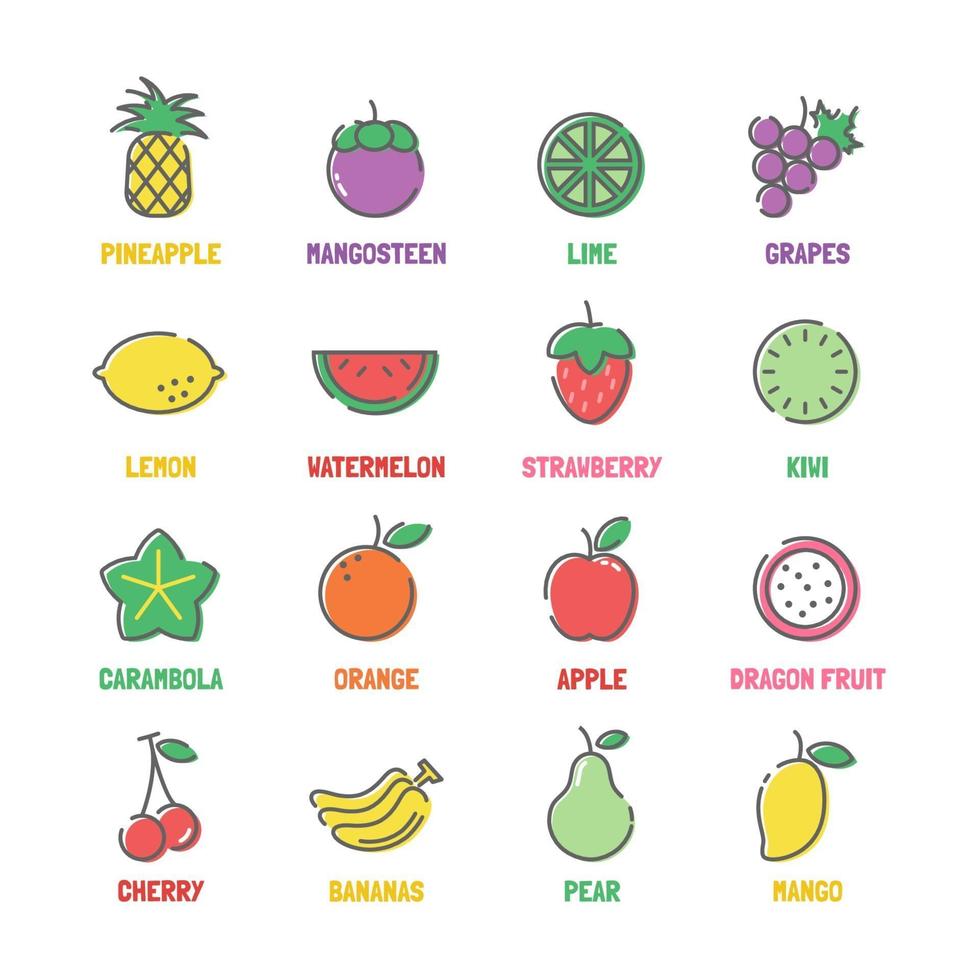 icônes de ligne de vecteur de fruits avec des couleurs plates