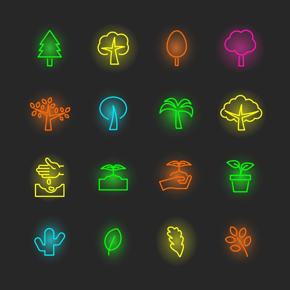 jeu d'icônes d'arbres au néon vecteur